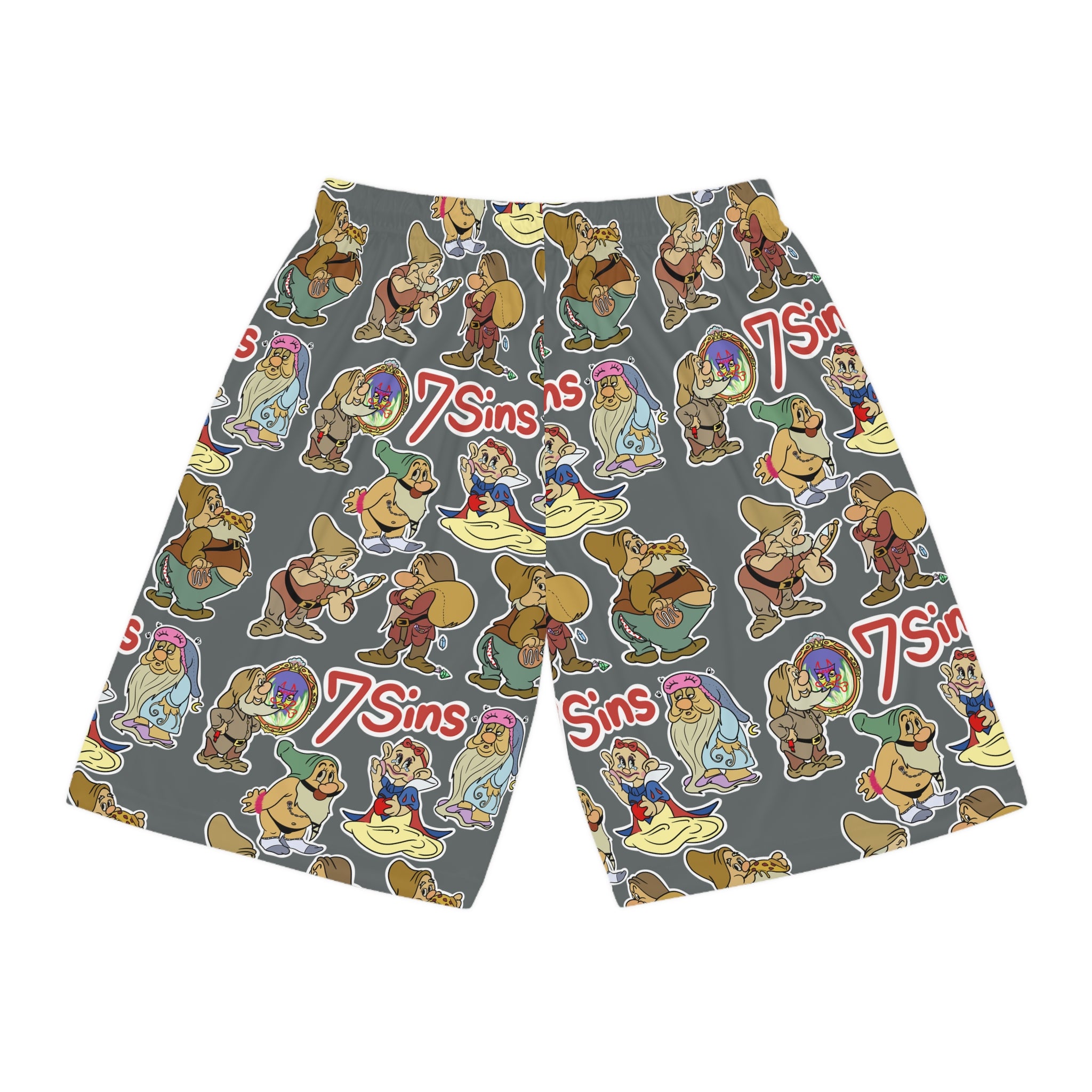 7 Sins Pattern Basketball Shorts — All-Over-Print Cartoon Graphic Shorts