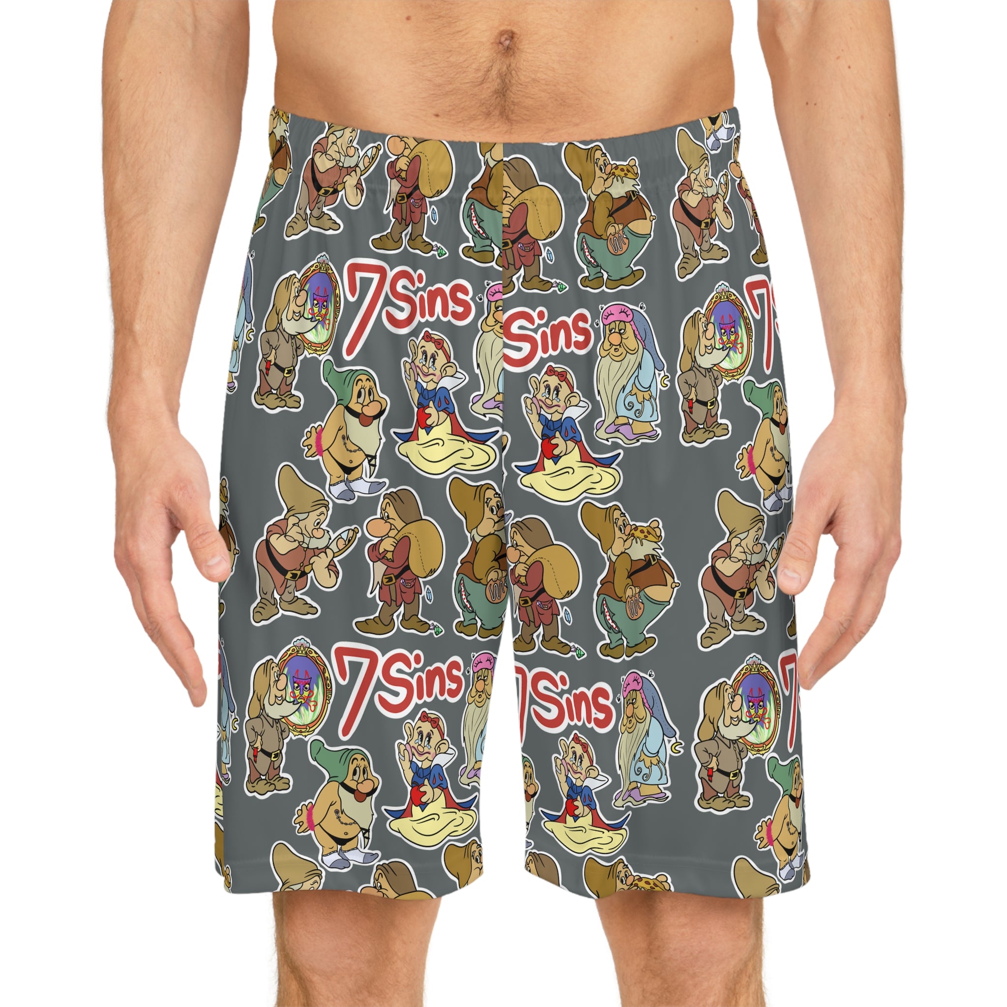 7 Sins Pattern Basketball Shorts — All-Over-Print Cartoon Graphic Shorts
