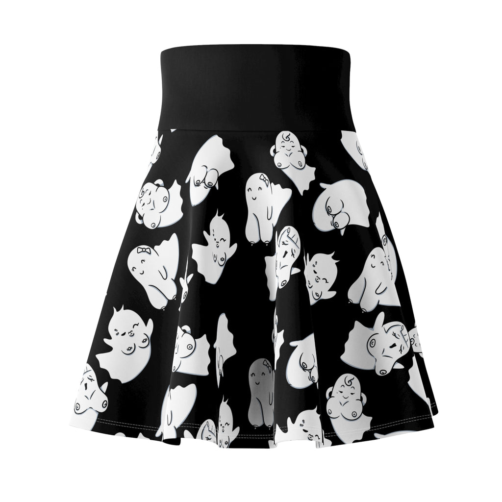 Ghost boobies! Skater Skirt — Cute Black & White All-Over Print