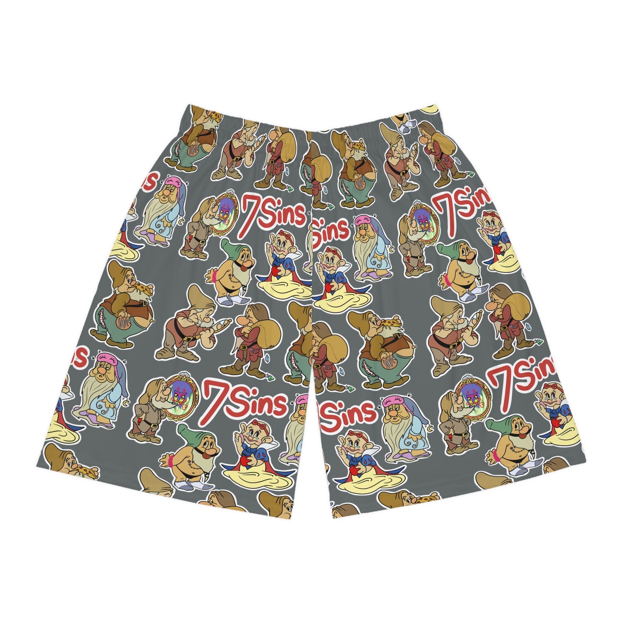 7 Sins Pattern Basketball Shorts — All-Over-Print Cartoon Graphic Shorts
