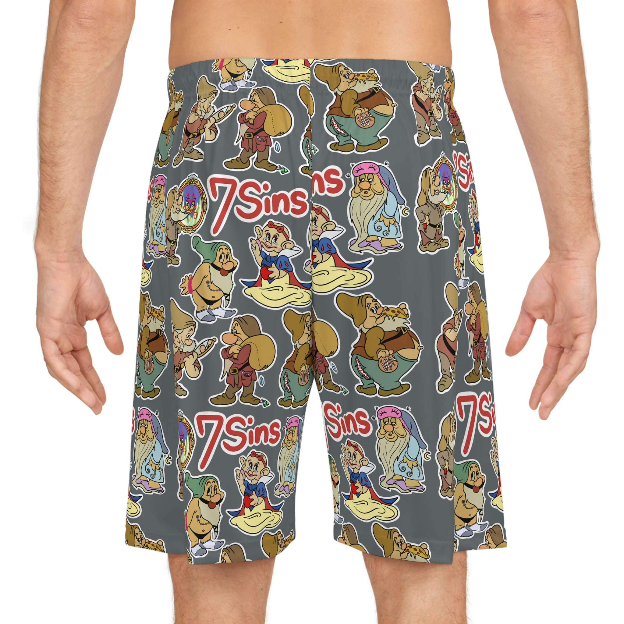 7 Sins Pattern Basketball Shorts — All-Over-Print Cartoon Graphic Shorts